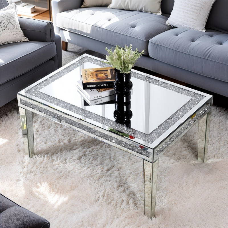 Mirrored Coffee Table with Crushed Crystal Border and Inset Glass Top