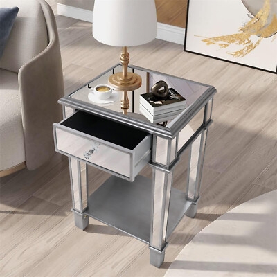 Mirrored End Table Cabinet with Tapered Legs Reflective Storage