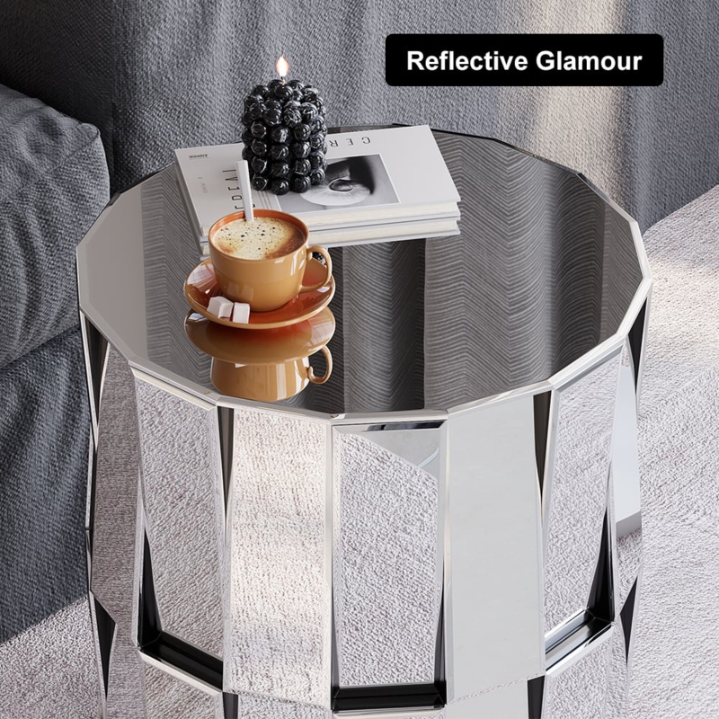 Mirrored End Table, Cylindrical Drum Shape, Faceted Silver Panels
