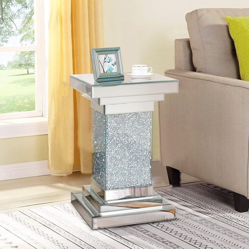 Mirrored End Table Pedestal with Crushed Crystal Inlay Decor