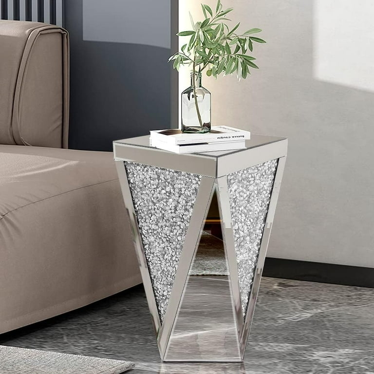 Mirrored End Table with Crushed Glass Border Glam Accent