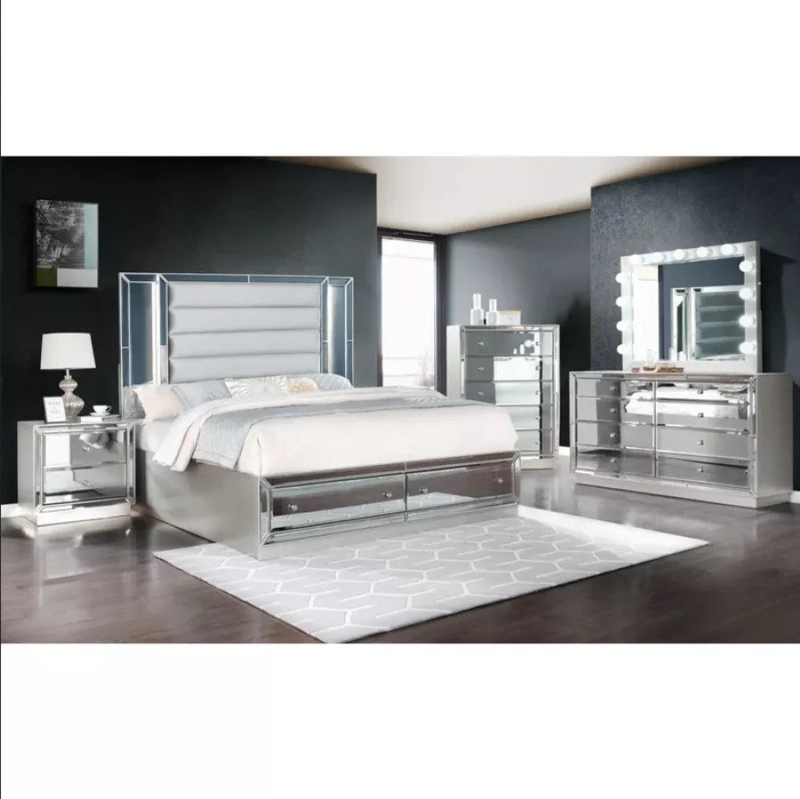 Mirrored Front Bedroom Set with Oversized Tufted Wingback Headboard