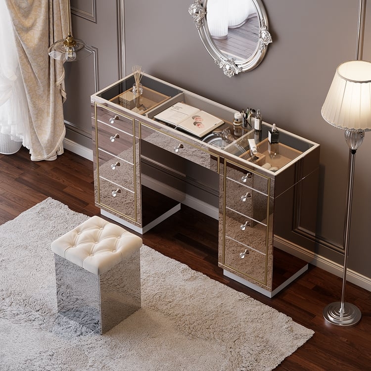Mirrored Makeup Vanity with Glass Top Jewelry Storage and Nine Drawers