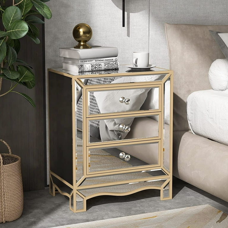 Mirrored Nightstand Champagne Gold Trim Three Drawers Beveled Glam