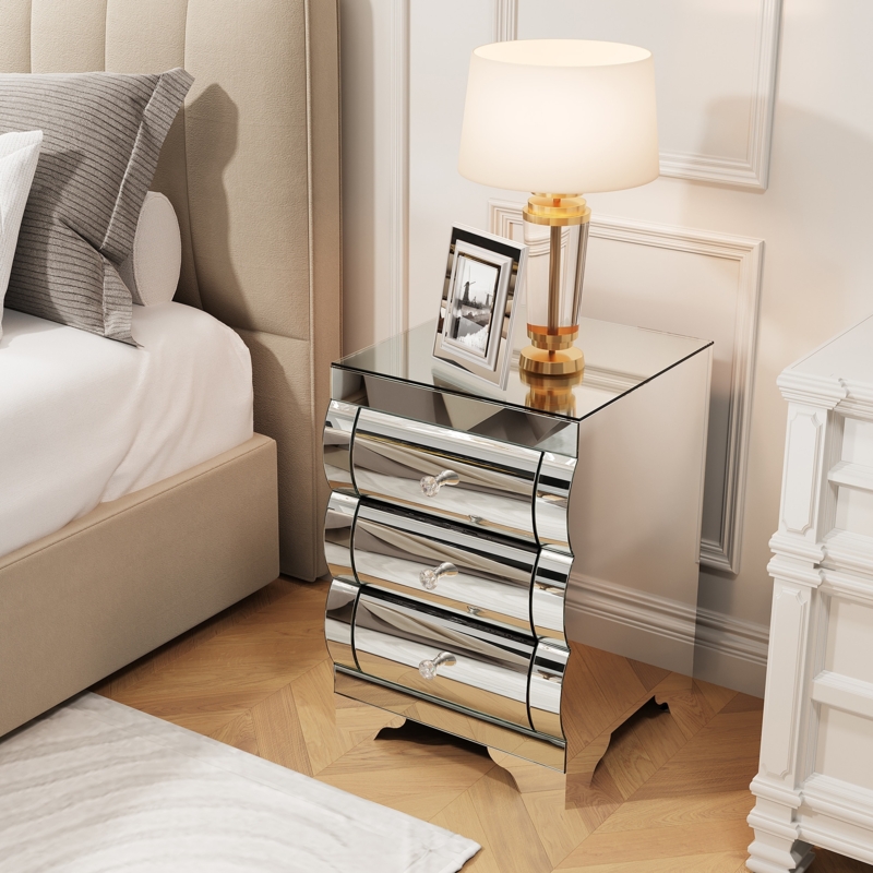 Mirrored Nightstand Curved Front Three Drawers Faceted Knobs Silver