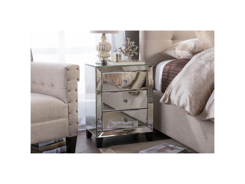 Mirrored Nightstand featuring Chevron Etched Fronts and Three Drawers