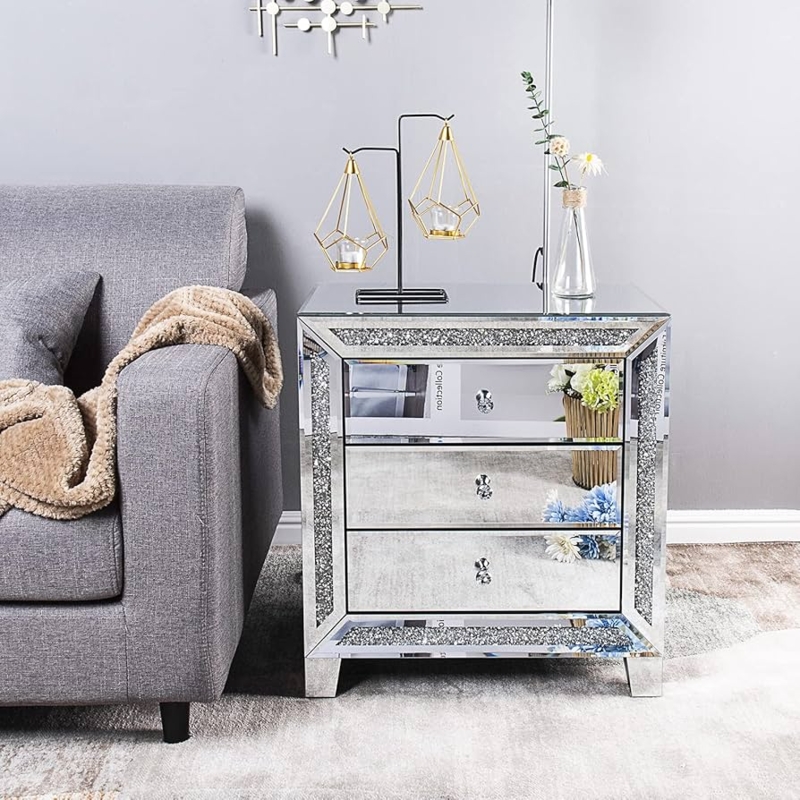 Mirrored Nightstand featuring Tapered Legs and Crystal Style Knobs