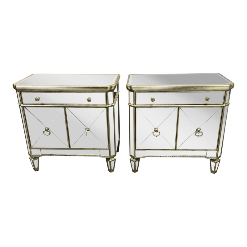 Mirrored Nightstand Set Three Drawers Beveled Edges Champagne Trim
