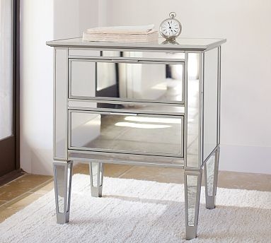 Mirrored Nightstand Two Drawers Square Knobs Silver Polished Finish