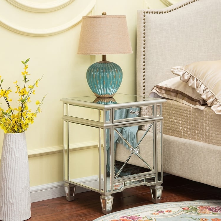 Mirrored Nightstand with Angled Wood Legs, Drawer and Cabinet Storage