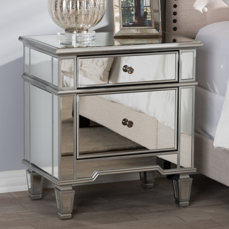 Mirrored Nightstand with Beveled Edges and Faceted Crystal-Like Knobs