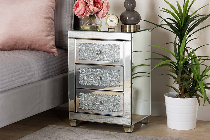 Mirrored Nightstand with Beveled Edges and Faceted Knobs