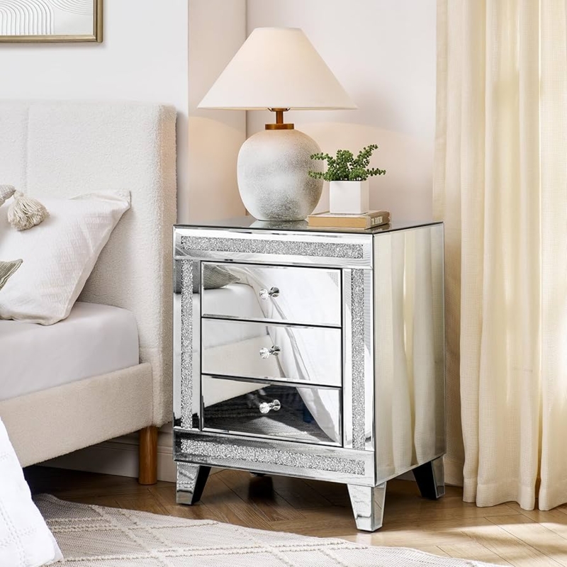Mirrored Nightstand with Crystal Handles and Crushed Diamond Inlays