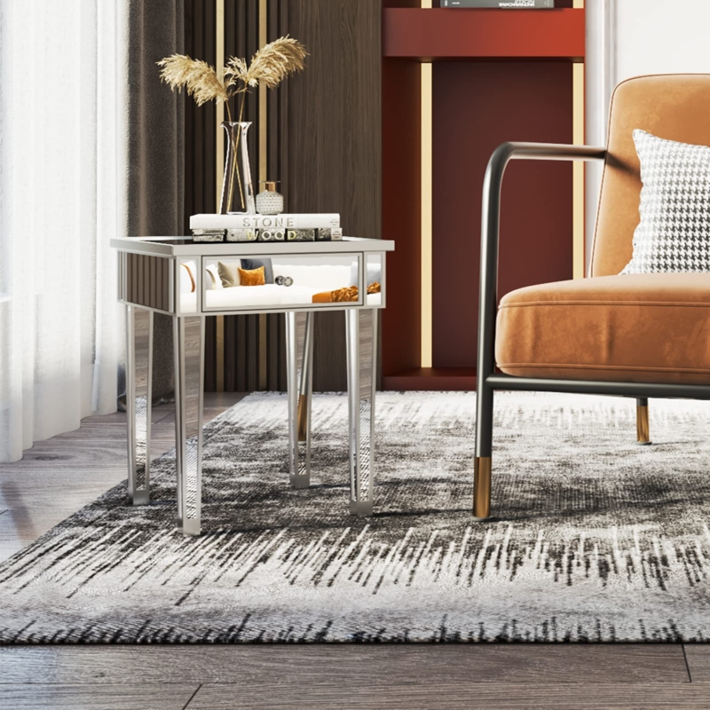 Mirrored Nightstand with Drawer and Crystal Knob Storage