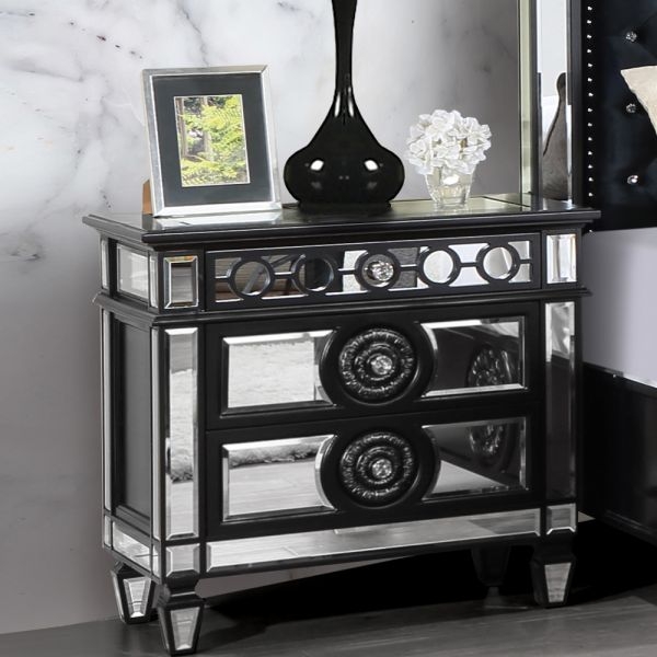 Mirrored Nightstand with Geometric Fretwork Overlay and Crystal Knobs