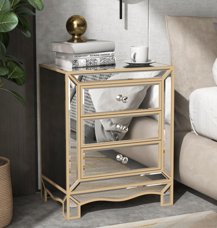Mirrored Nightstand with Gold Edge Trim and Crystal-Like Knobs