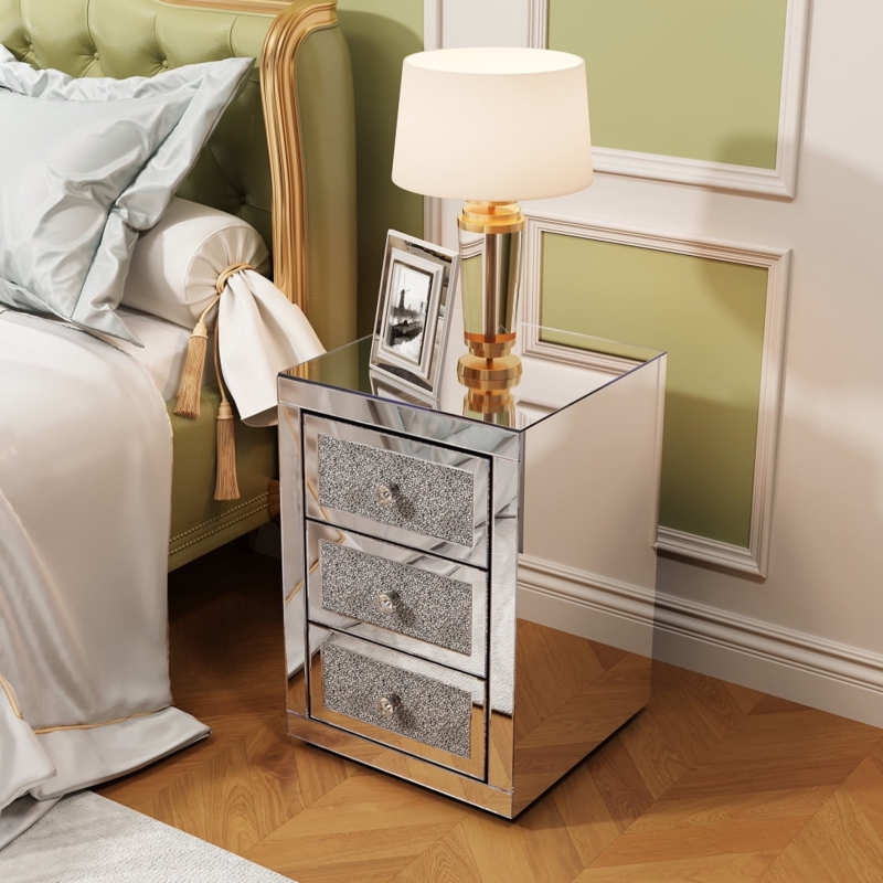 Mirrored Nightstand with Polished Silver Trim and Three Drawers