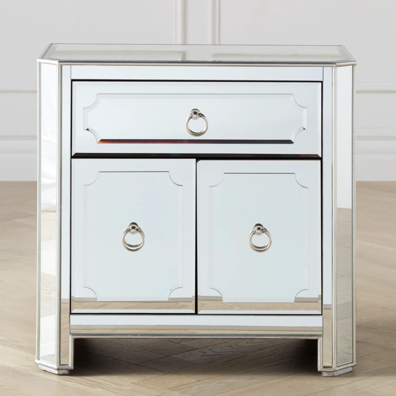 Mirrored Nightstand with Slim Pull Handles and Three Drawers