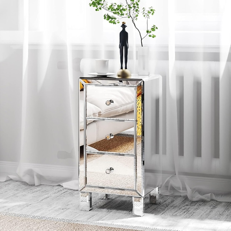 Mirrored Nightstand with Three Drawers and Compact Design