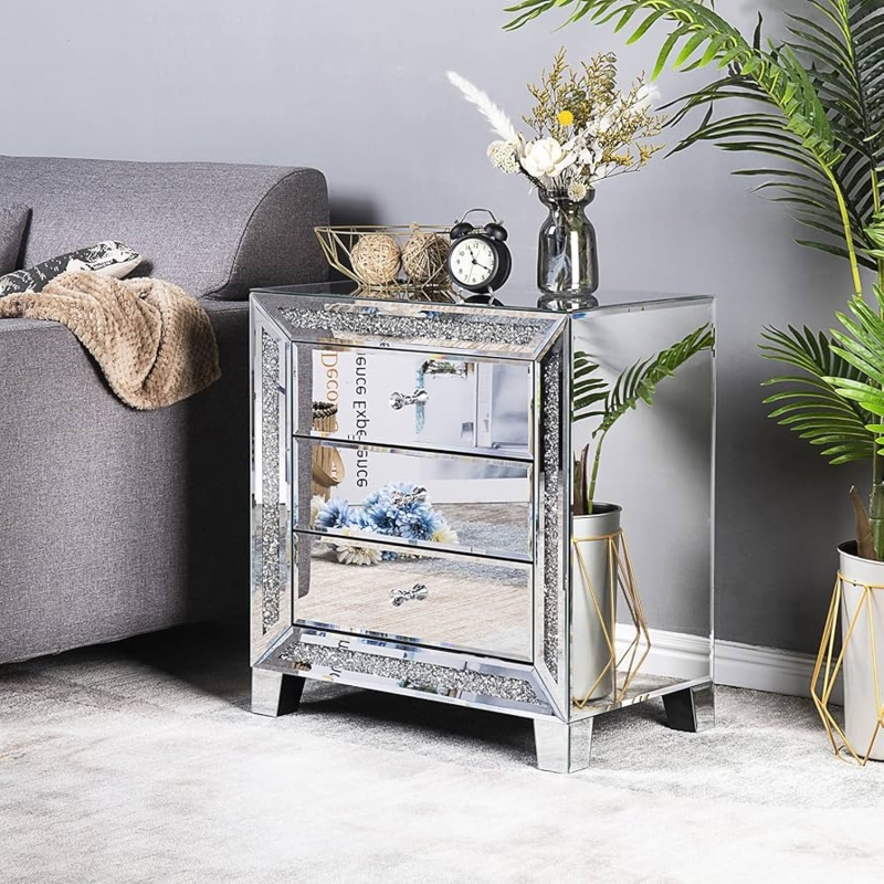 Mirrored Nightstand with Three Drawers, Crystal Knobs Glam Bedroom Decor