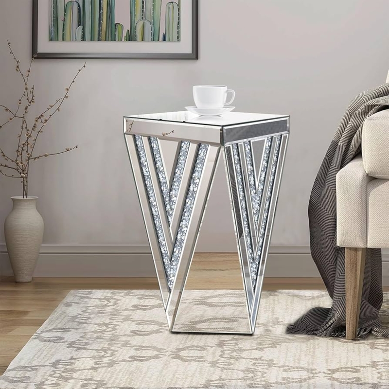Mirrored Side Table with Crystals Living Room Accent