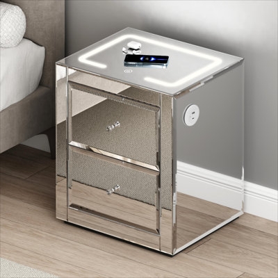Mirrored Top Nightstand with Charging Station and LED Ambient Lighting