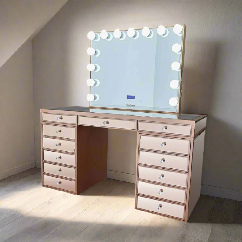 Mirrored Vanity Set with Rose Gold Trim and Hollywood Lights