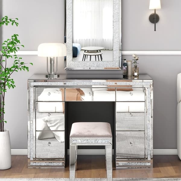 Mirrored Vanity Table with Crushed Diamond Inlay and Seven Drawers
