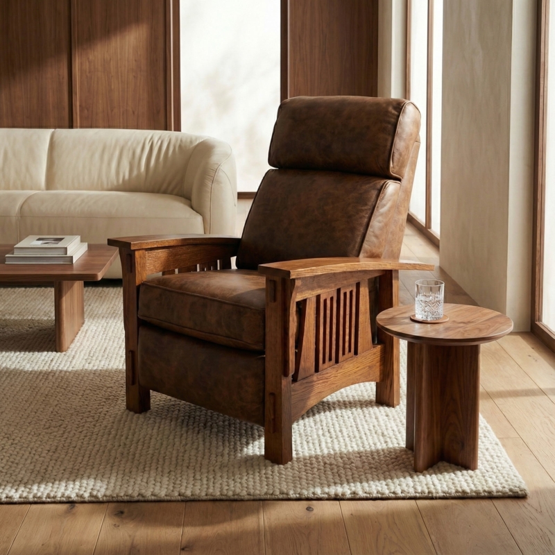 Mission Recliner Dark Brown Leather-Like Slat Sides Push Back