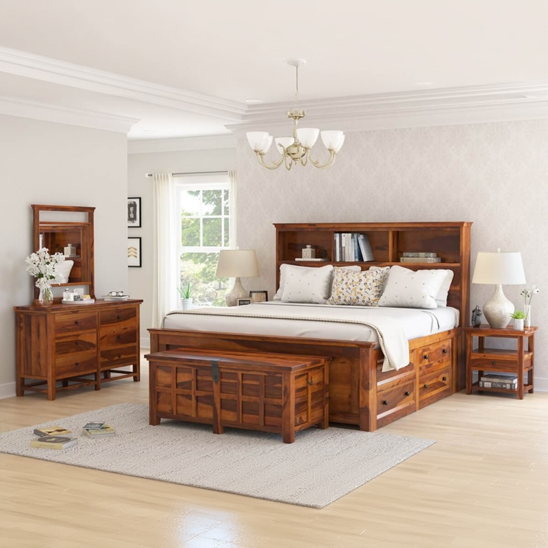 Mission Style Bedroom Set with Slatted Headboard and Storage