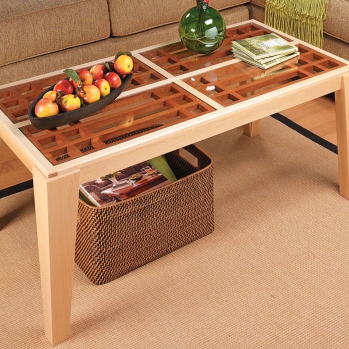 Mission Style Glass Coffee Table Reddish Wood Frame Slatted Shelf