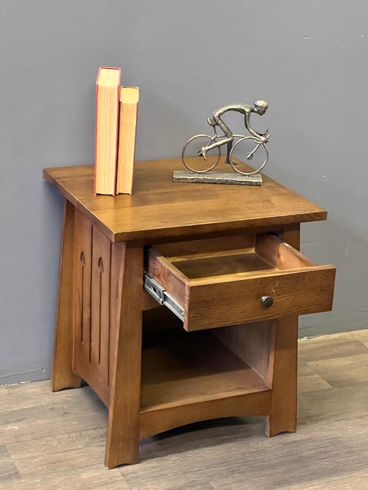 Mission Wood End Table, Keyhole Cutout Side, Slatted Shelf, Single Drawer