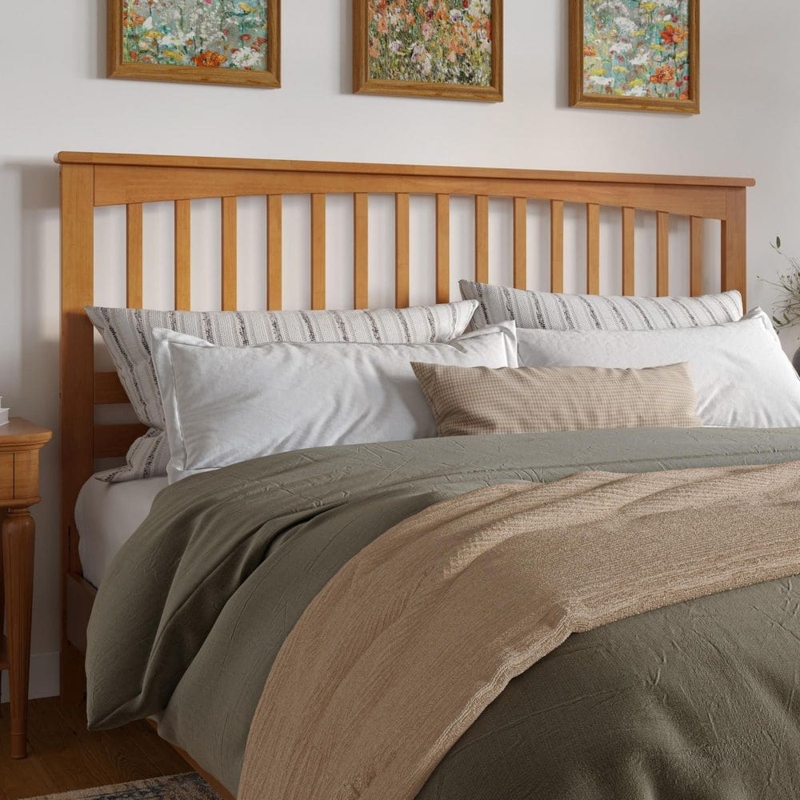 Mission Wood Headboard, Solid Top Rail & Slats, Light Toffee