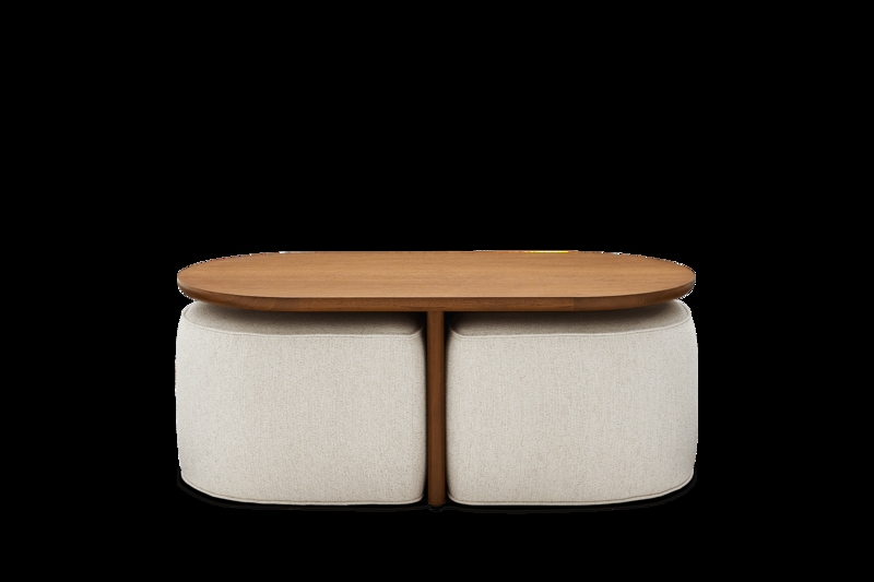 Mixed Material Nesting Table Design with Wood and Upholstered Units