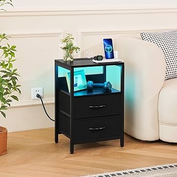 Mixed Material Nightstand with Heathered Fabric Drawers and X-Brace
