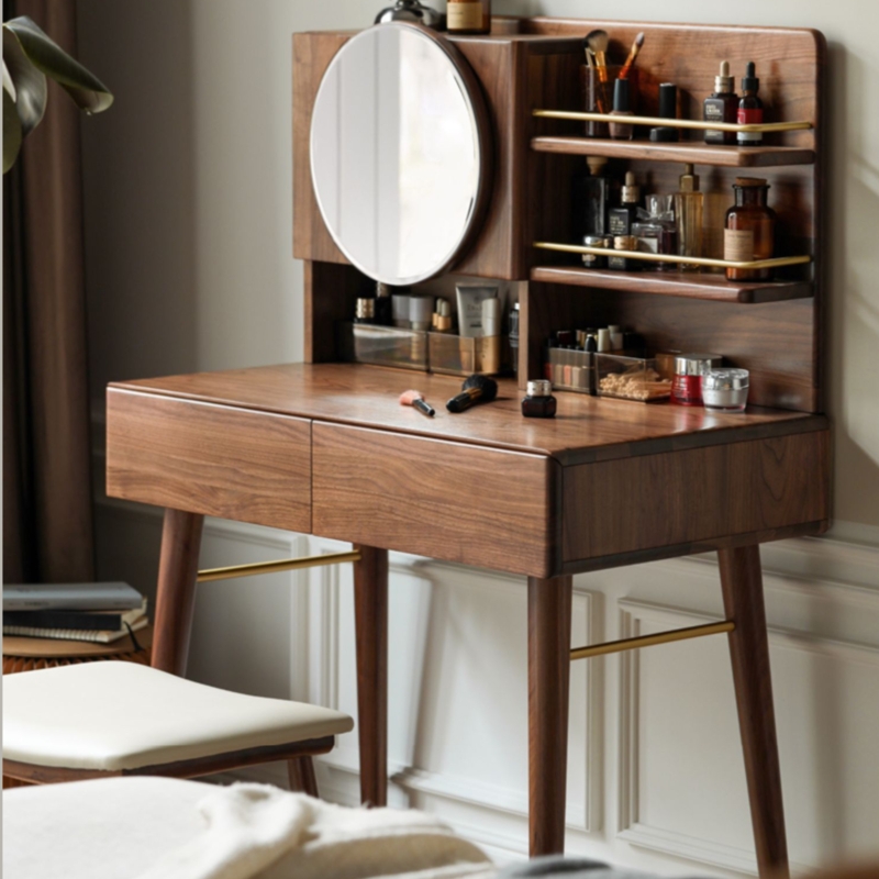 Mixed Wood Vanity with Slatted Drawer Detail and Moon Mirror