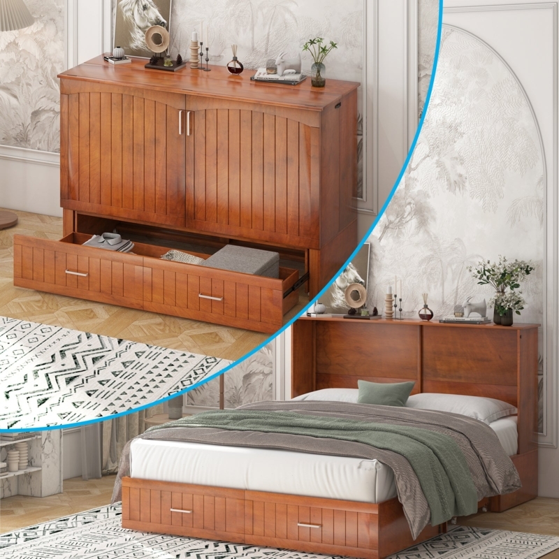 Mjkone Queen Size Murphy Cabinet Bed with Mattress & Drawers, White