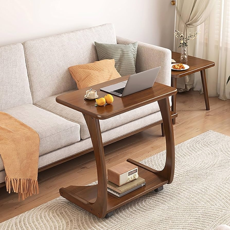 Mobile C-Shaped End Table with Caster Wheels and Three-Tier Storage