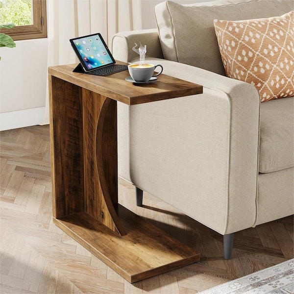 Mobile C-Shaped End Table with Caster Wheels, Rustic Brown Finish