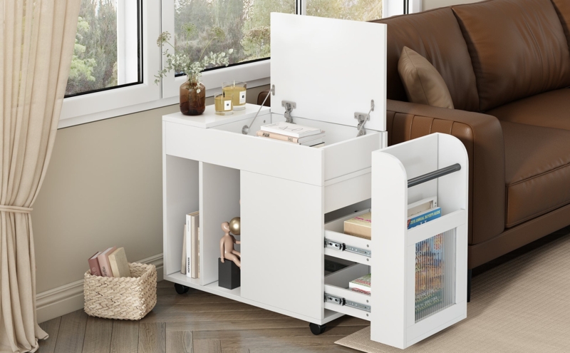 Mobile C-Shaped End Table with Locking Casters and Glass Top