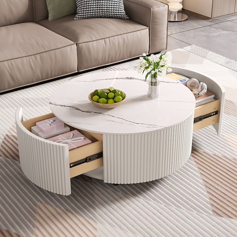 Mobile Coffee Table on Casters, White Fluted Drum Base and Stone Top