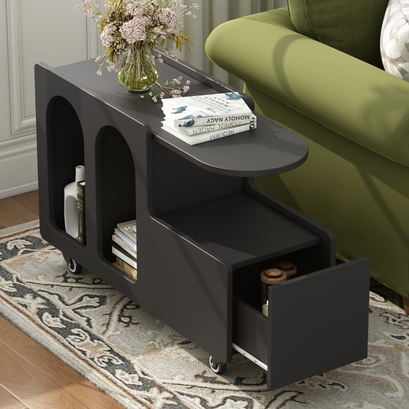 Mobile Side Table with Wheels, Narrow Profile, Cream Minimalist Design.