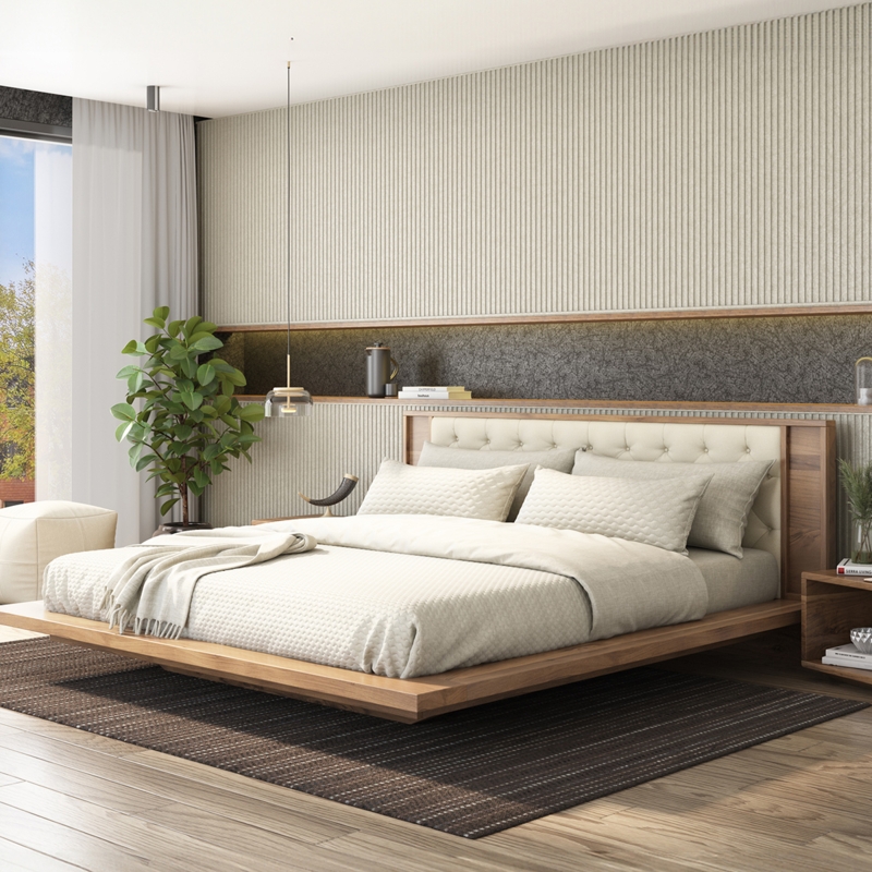 Modern Acacia Wood Floating Bed Frame with Tufted Headboard