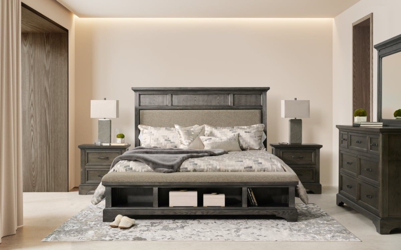 Modern Bedroom Set in Dark Charcoal Finish with Storage Footboard