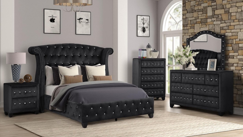 Modern Black Bedroom Set with Gold Metallic Trim