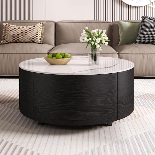 Modern Black Coffee Table with Storage Drawers, Round Silhouette