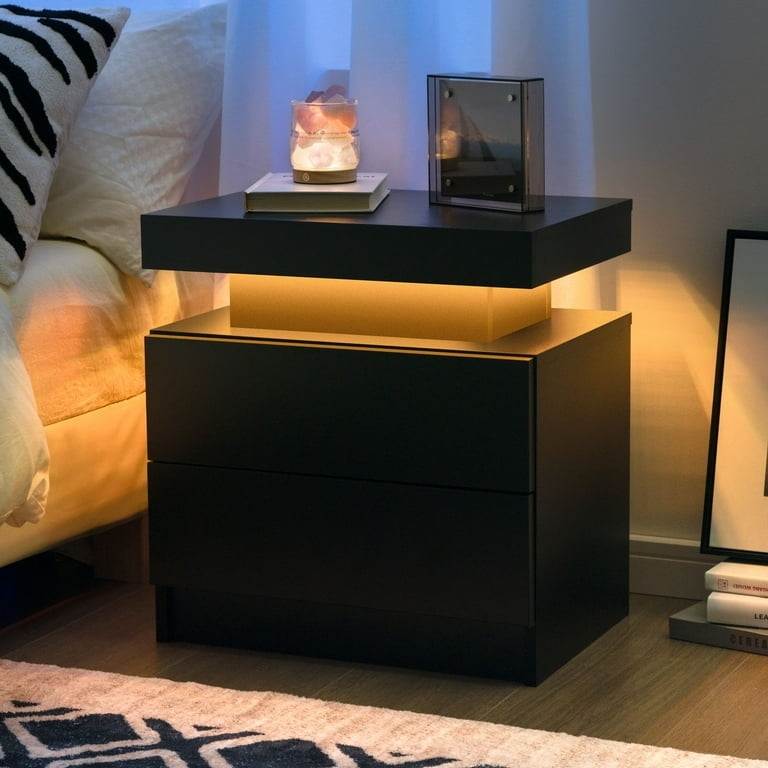 Modern Black LED Nightstand Handleless Front Minimalist Design