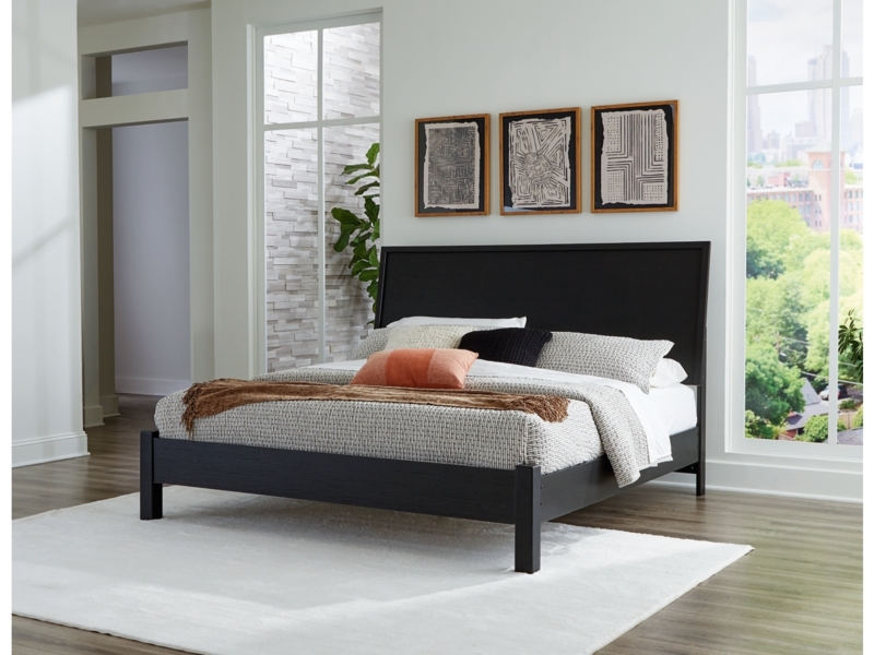 Modern Black Panel Bed Frame with High Panelled Headboard