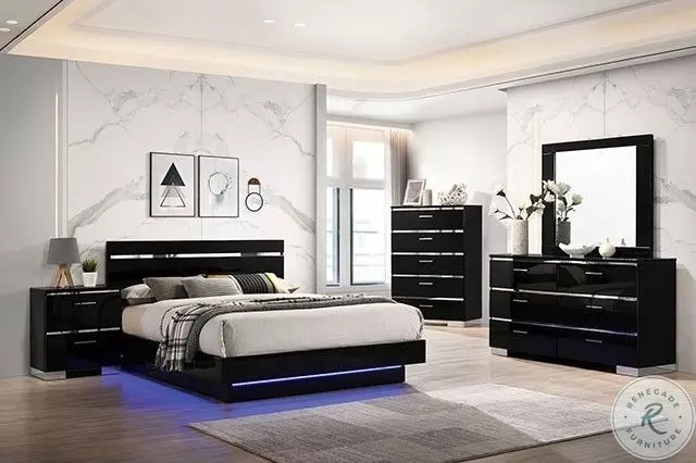Modern Black Platform Bedroom Set with Chrome Sled Legs