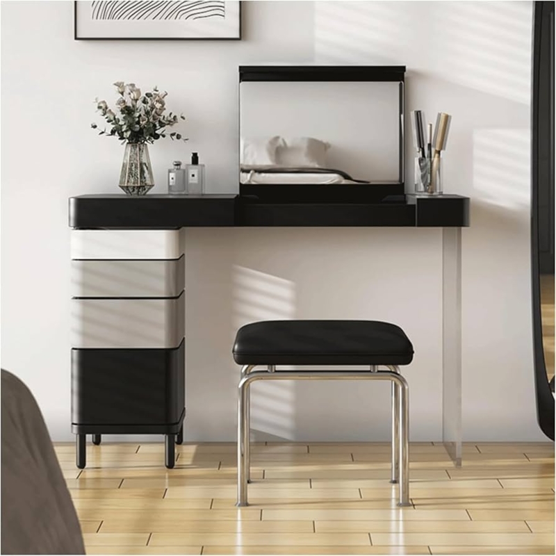 Modern Black Vanity with Mirror, Rotating Cabinet, & Bouclé Stool